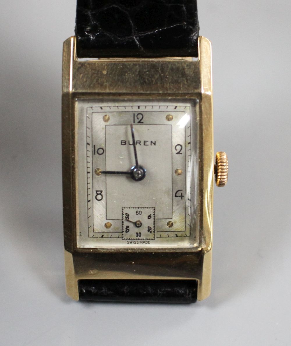 A gentlemans 1940s 9ct gold Buren manual wind wrist watch, with rectangular Arabic dial and subsidiary seconds,